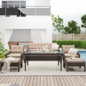 6-Piece Outdoor Patio PE Wicker Rattan Sofa Set Dining Table Set with Removable Cushions and Tempered Glass Tea Table for Backyard, Poolside, Deck, Br