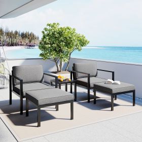 Outdoor Patio 5-piece Aluminum Alloy Conversation Set Sofa Set with Coffee Table and Stools for Poolside, Garden,Black Frame+Gray Cushion