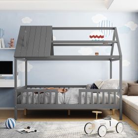 Full Size Wood House Bed with Fence (Color: Gray)