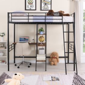 Twin Size Metal Loft Bed and Built-in Desk and Shelves (Color: Black)
