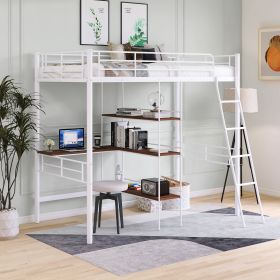 Twin Size Metal Loft Bed and Built-in Desk and Shelves (Color: White)