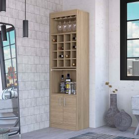 Myers Bar Cabinet; Two Shelves; Double Door Cabinet; Six Built-in Wine Rack (Color: Light Pine)