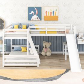 Twin over Full Bunk Bed with Twin Size Loft Bed with Desk and Slide,Full-Length Guardrail (Color: White)