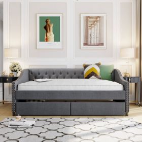 Upholstered daybed with Two Drawers;  Wood Slat Support;  Gray;  Full Size (Color: Gray)