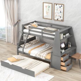 Twin over Full Bunk Bed with Trundle and Built-in Desk;  Three Storage Drawers and Shelf (Color: Gray)