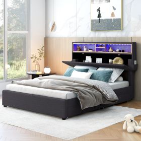 Full Size Upholstered Platform Bed with Storage Headboard, LED, USB Charging and 2 Drawers (Color: Dark Gray)