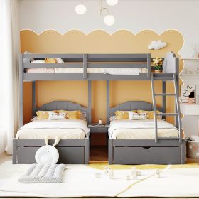 Full Over Twin & Twin Bunk Bed;  Velvet Triple Bunk Bed with Drawers and Guardrails (Color: Gray)