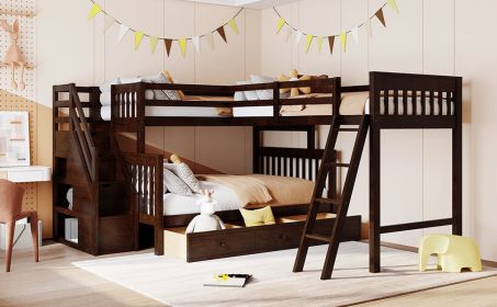 Twin over Full L-Shaped Bunk Bed With 3 Drawers, Ladder and Staircase (Color: Espresso)