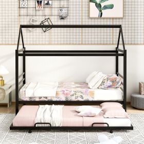 Twin Size Metal House Shape Platform Bed with Trundle,Black (Color: Black)