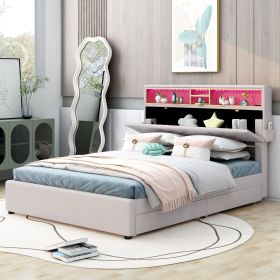 Full Size Upholstered Platform Bed with Storage Headboard, LED, USB Charging and 2 Drawers (Color: Beige)