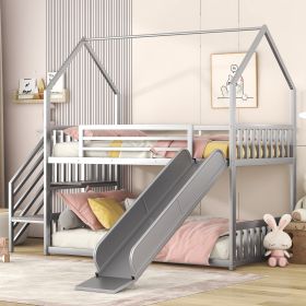 Twin over Twin Metal Bunk Bed House Bed with Slide and Staircase (Color: Silver)