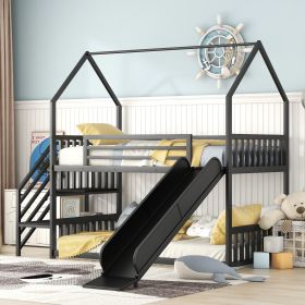 Twin over Twin Metal Bunk Bed House Bed with Slide and Staircase (Color: Black)