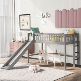Twin Size Low Loft Bed with Ladder and Slide (Color: Gray)